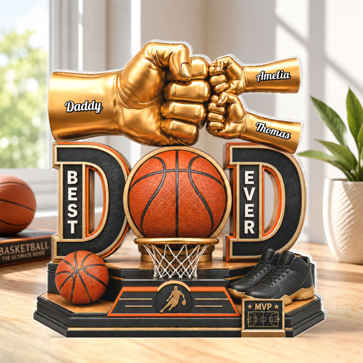 Basketball Dad & Kids Fist Bump - Personalized Acrylic Block Plaque -  Gift For Dad, Husband
