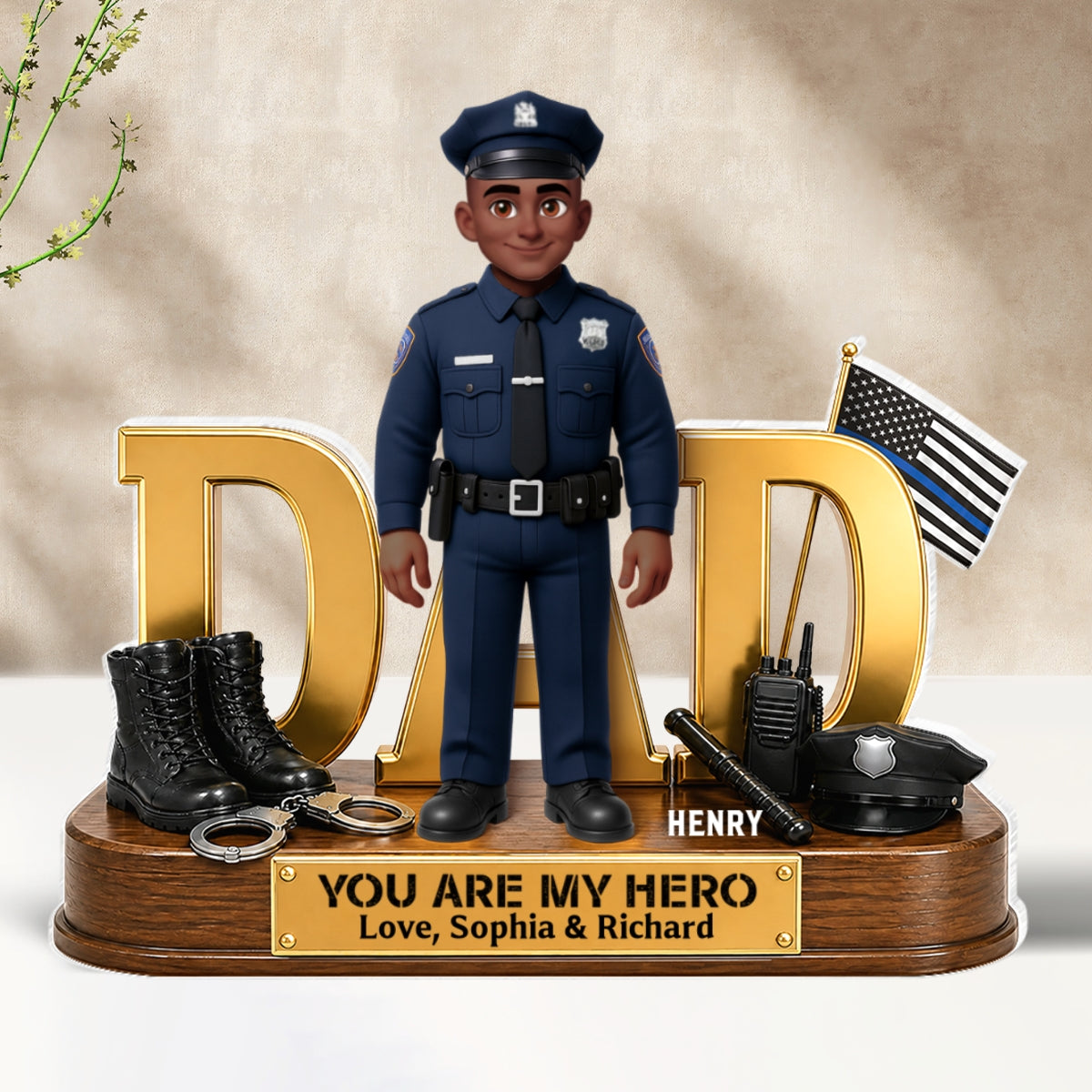Proud American Police Dad You Are Our Hero Thin Blue Line 2D Flat - Personalized Acrylic Block Plaque -  Gift For Dad