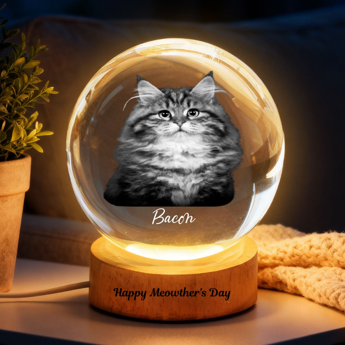 Happy Meowther's Day - Personalized Crystal Ball LED Night Light - Mother's Day Gift for Cat Mom, Wife