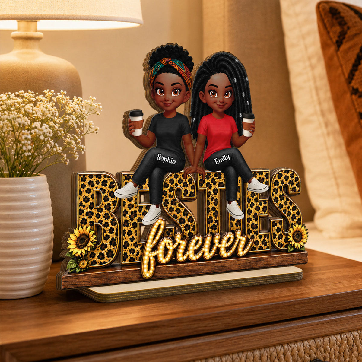 Leopard Style Besties Forever - Personalized 2-Layered Wooden Plaque - Birthday Gift, Gift For Best Friends