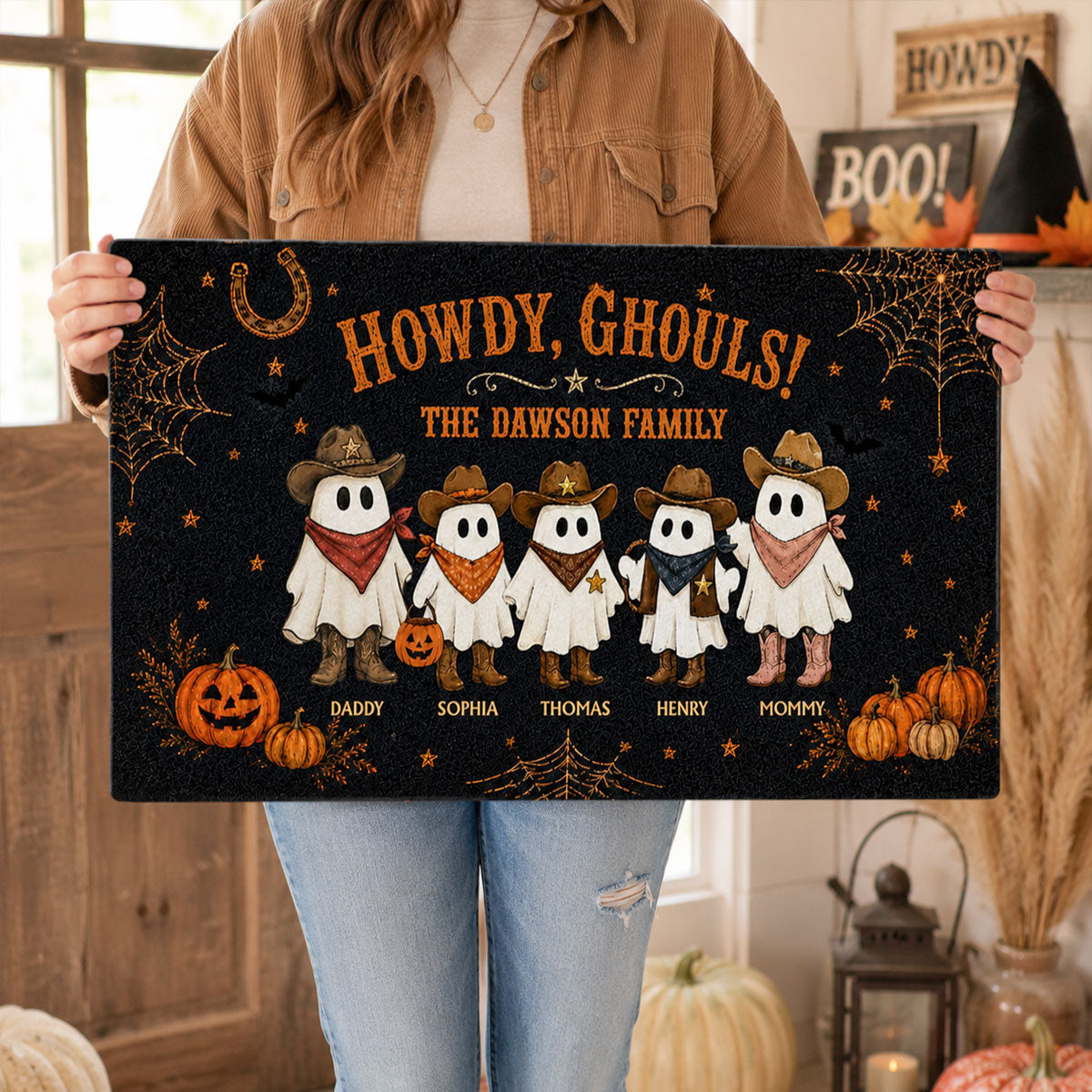 Boo Y'all Cowboy Ghost Family - Personalized Doormat - Western Country Vibe Halloween Decor For Families