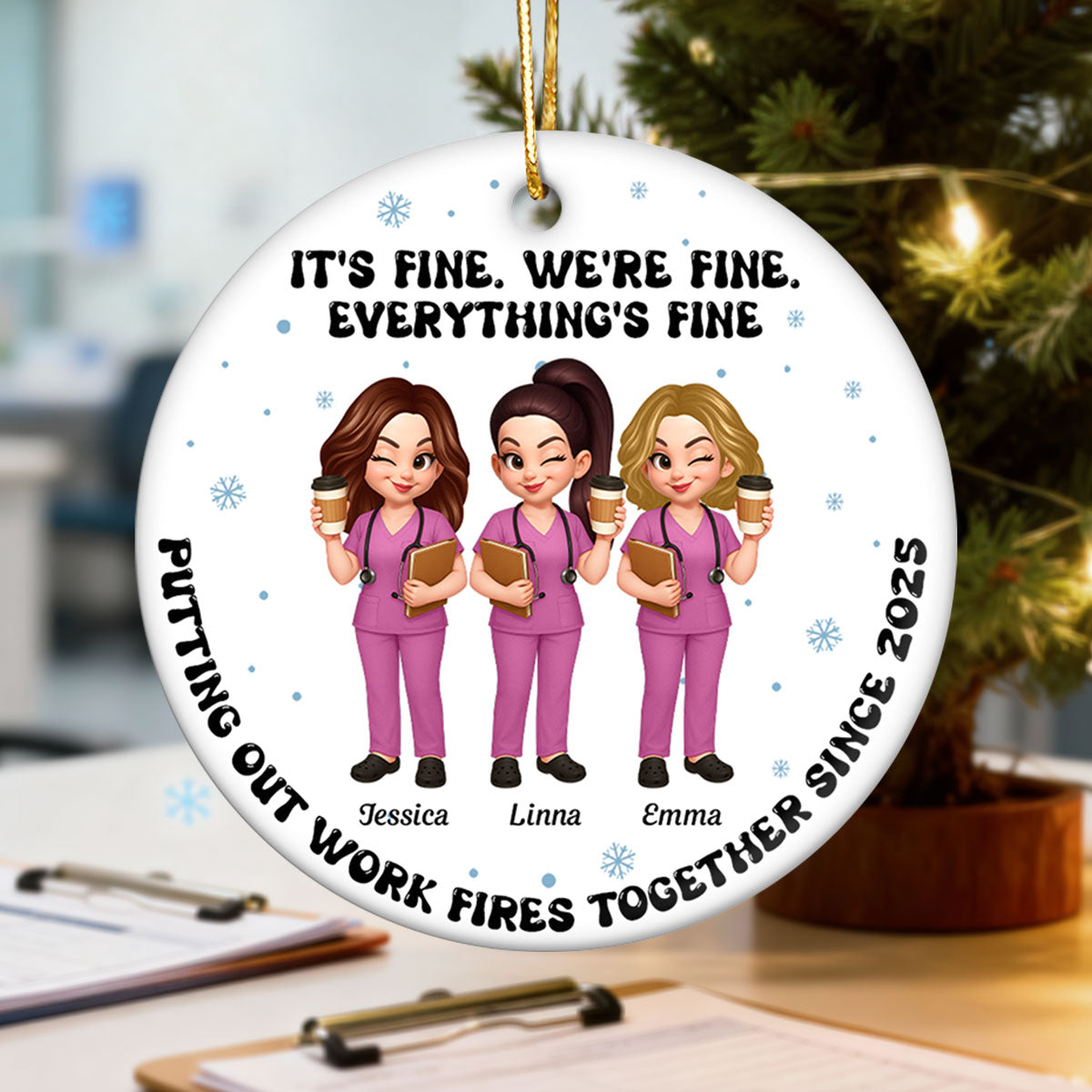 Putting Out Work Fires Together Nurse Besties - Personalized Ceramic Ornament - Funny Christmas Gift For Colleagues