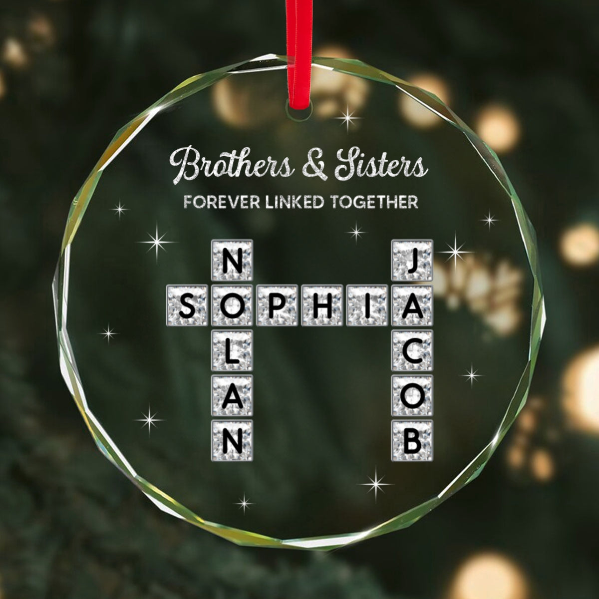 3D Shining Effect Brothers Sisters Crossword Puzzle Art - Personalized Glass Ornament - Christmas Gift For Siblings, Brothers, Sisters
