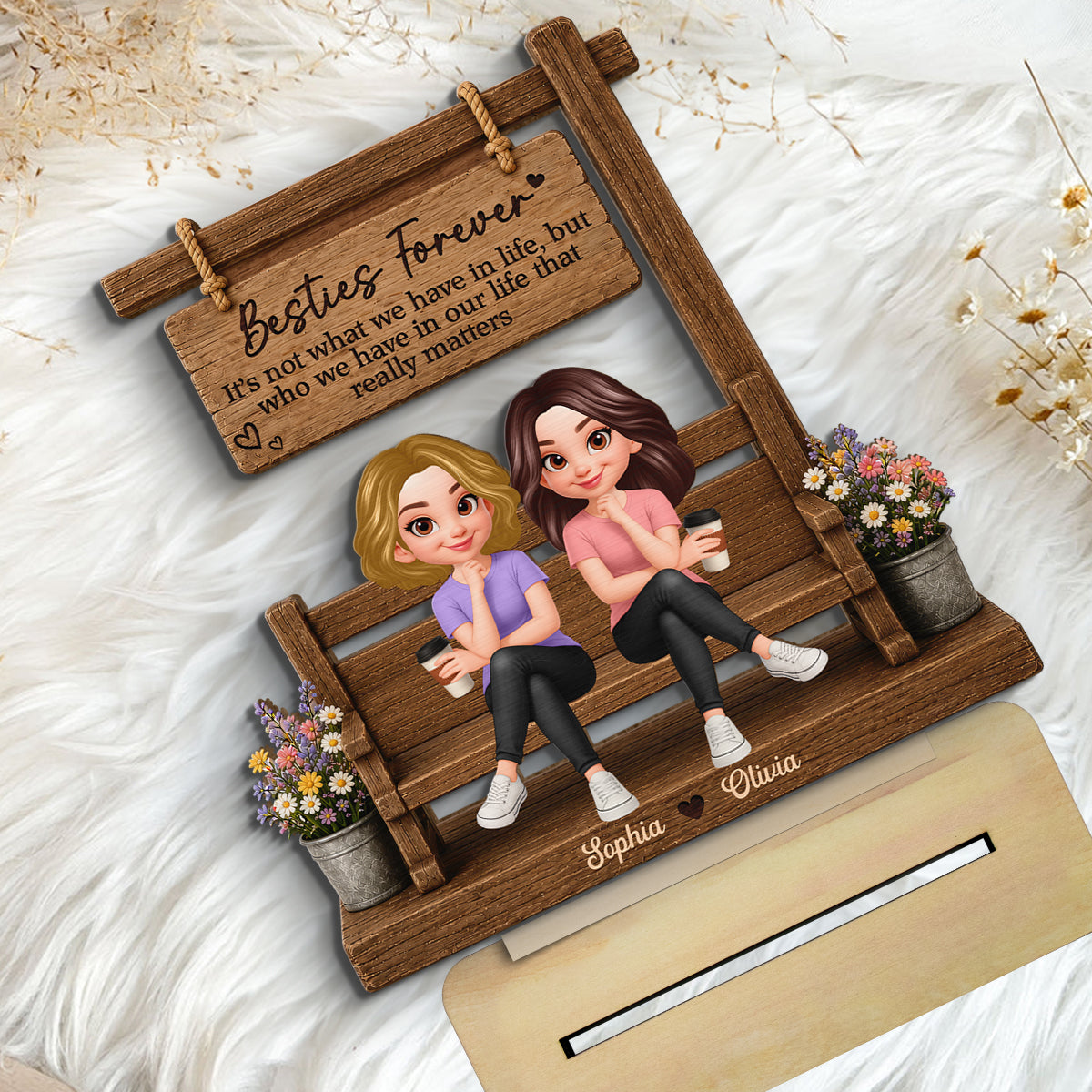 Besties Sitting Under Sign Post 2D Flat - Personalized Wooden Plaque - Friendship Keepsake