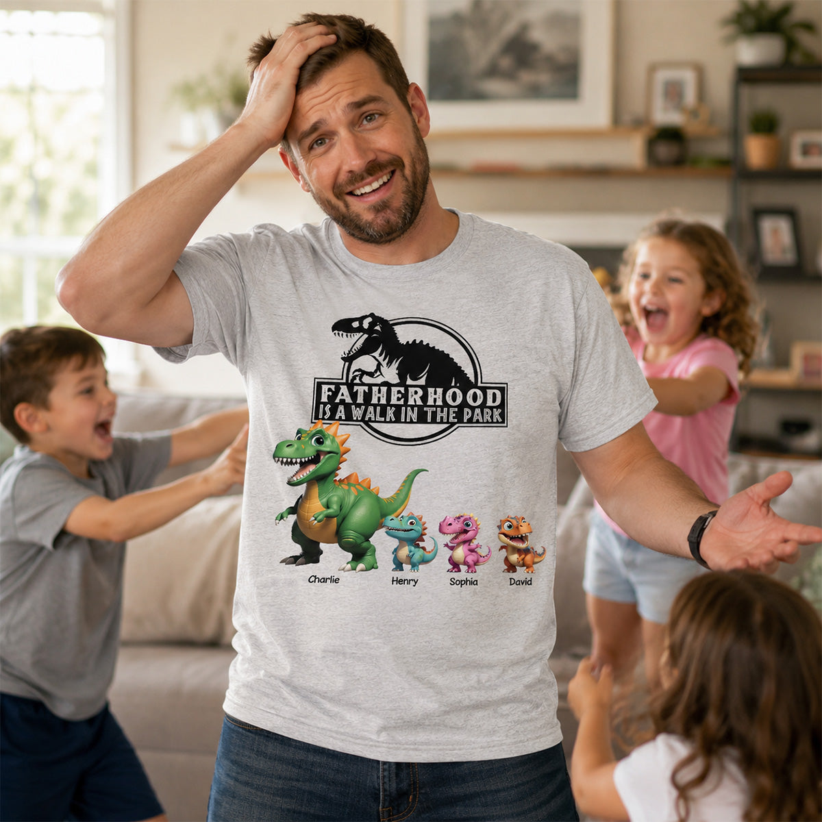 Fatherhood Is A Walk In The Park Custom Cartoon Dinosaurs - Personalized Shirt - Father's Day Gift For Husband, Dad