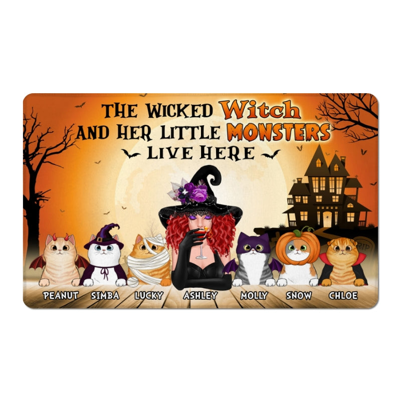 Halloween Wicked Witch And Fluffy Cats Live Here Personalized Doormat