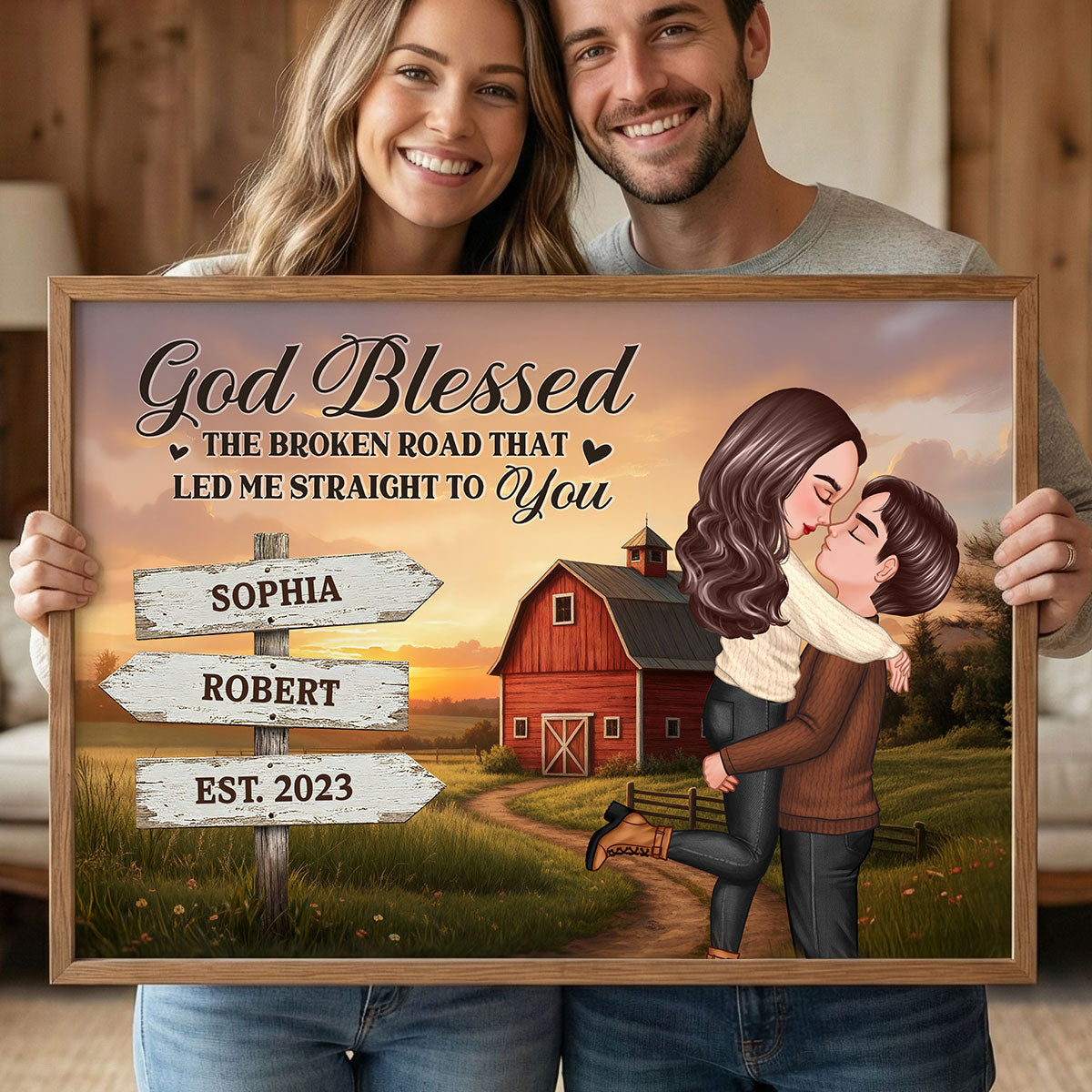 Rustic Nostalgia Red Barn House Sign Posts Couple Hugging Kissing Farmhouse Decor - Personalized Poster - Heartfelt Valentine, Anniversary Gift For Him, For Her