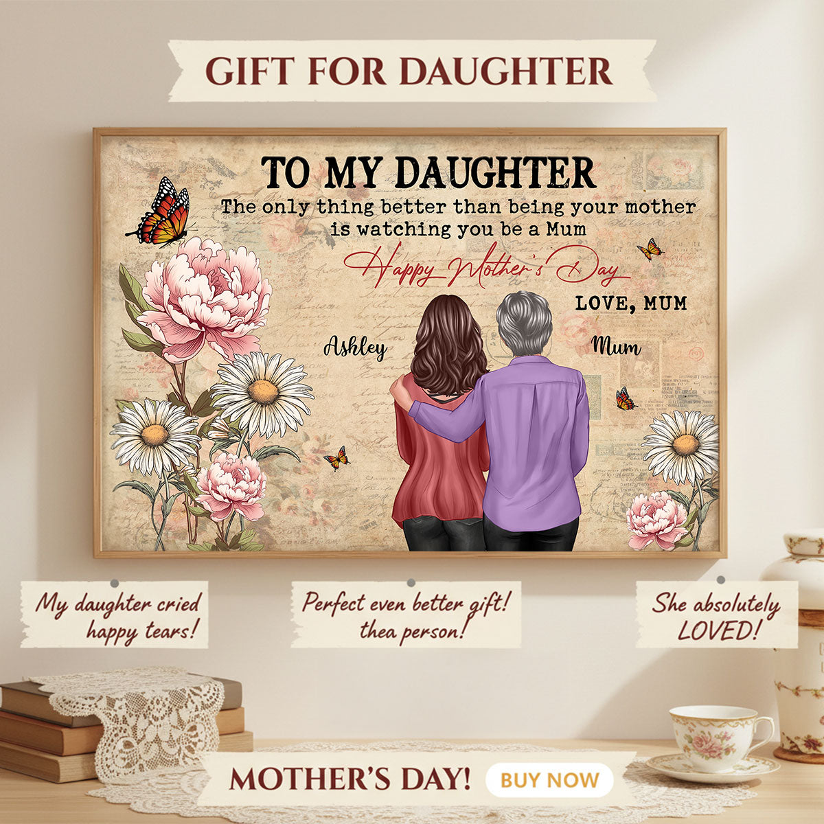 To My Daughter From Mum Vintage Floral Newspaper Birth Month Flower - Personalised Poster - UK Mother's Day