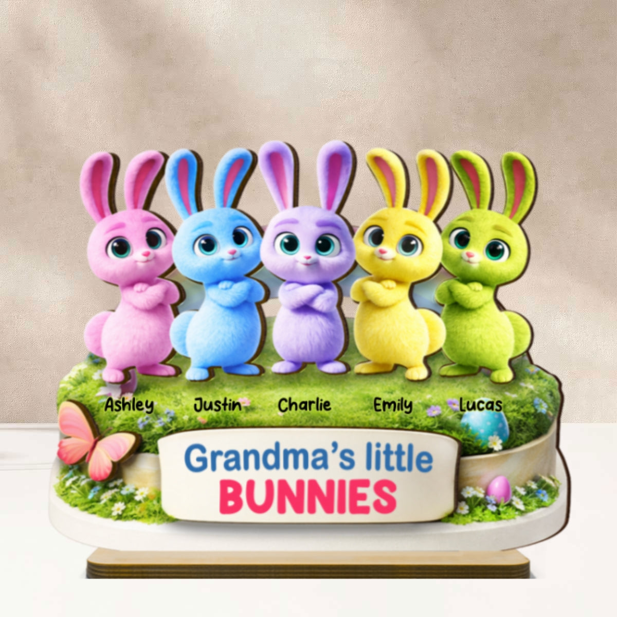 Grandma's Little Bunnies Cute Rabbits - Personalized 2-Layered Wooden Plaque - Easter Decor Gift for Grandma, Mom