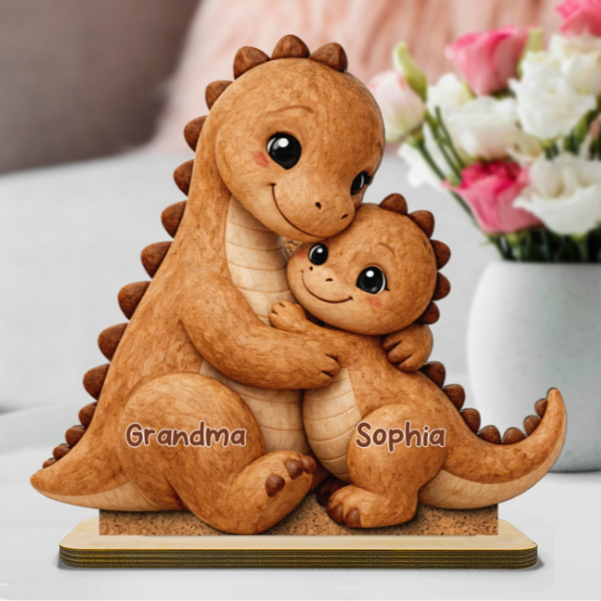 Tender Grandma And Grandchild Dino Hug - Personalized 2-Layered Wooden Plaque - Mother's Day Gift For Grandma, Mom, Wife