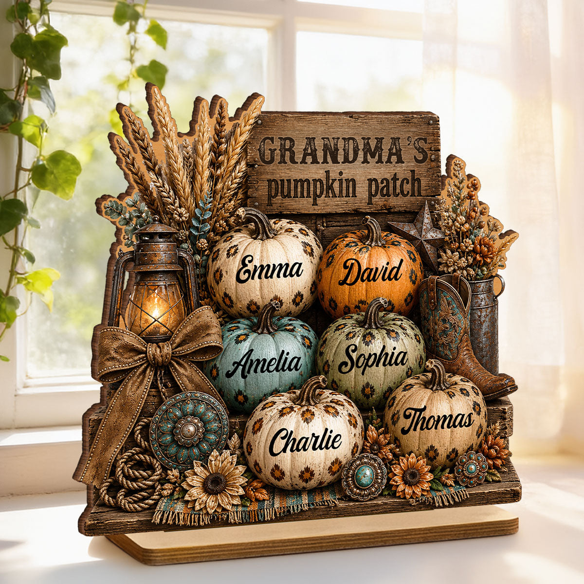 Western Leopard Grandma's Pumpkin Patch - Personalized 2-Layered Wooden Plaque - Fall Halloween Decor for Grandma