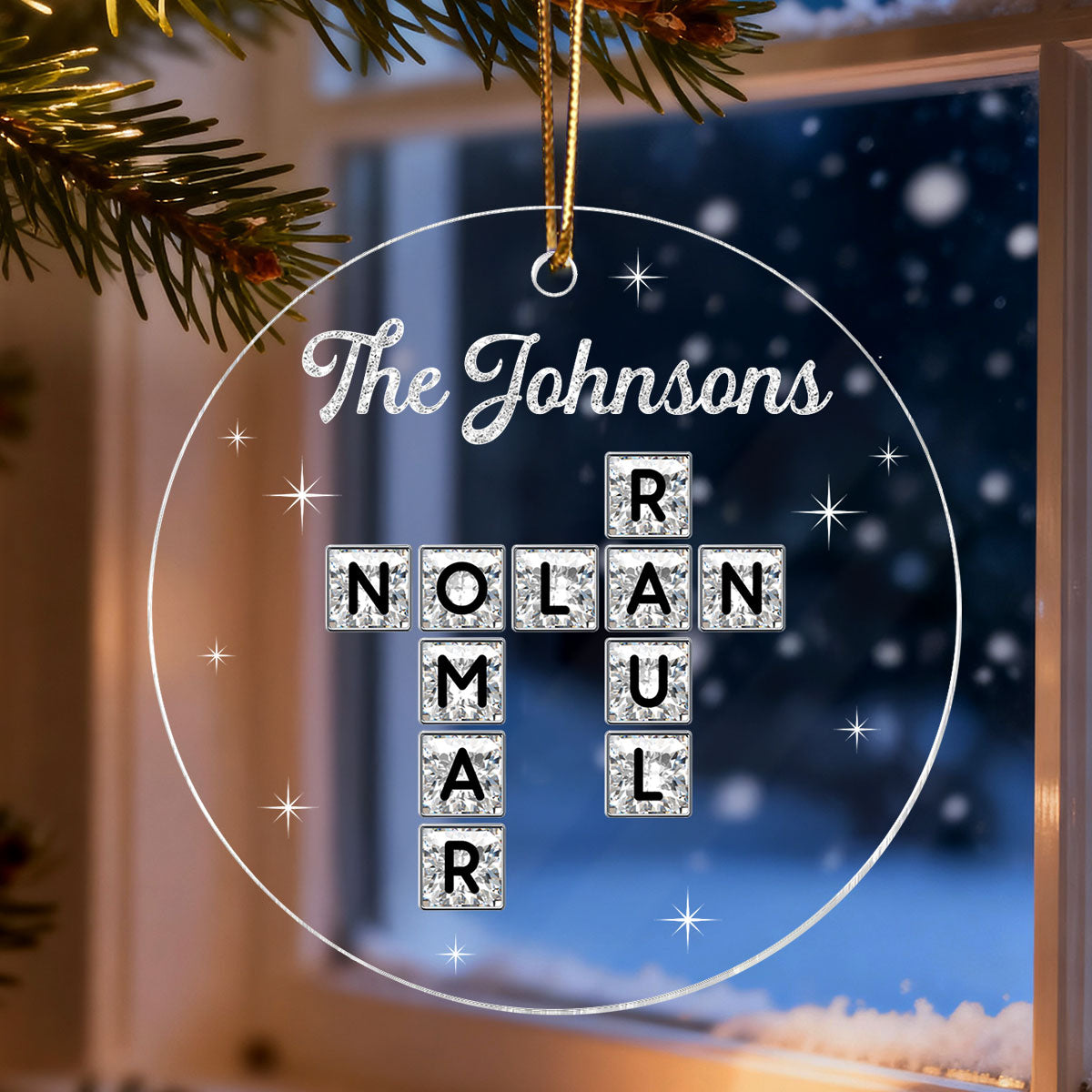 3D Shining Effect The Family Crossword Puzzle Art - Personalized Acrylic Ornament - Christmas Gift For Family, Matching Ornaments For Family