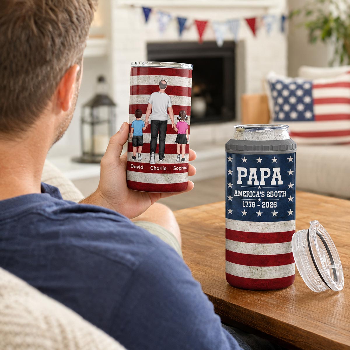 Proud American Dad Grandpa Walking With Kids - Personalized 4-in-1 Can Cooler - 4th Of July, American 250th Anniversary Gift For Patriotic Dad, Grandpa