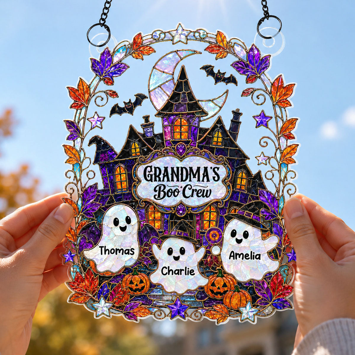 Whimsical Grandma's Boo Crew Haunted House - Personalized Acrylic Window Hanging - Halloween Decoration For Grandma