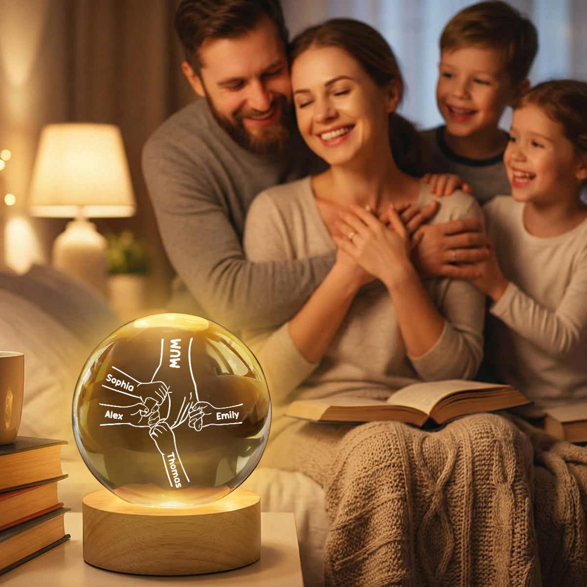 MUM And Kids Holding Hands - Personalised Crystal Ball - Mother's Day Gift For MUM, Grandma