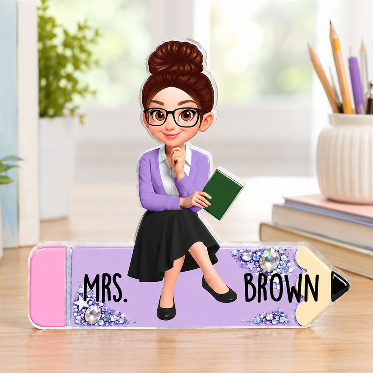 Teacher Sitting On Beautiful Pencil - Personalized Acrylic Block Plaque - Back To School Gift For Teacher, Classroom Decor