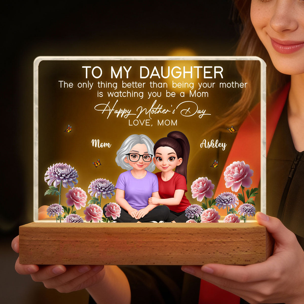 To My Daughter Happy Mother's Day Custom Birth Month Flower - Personalized Acrylic Block LED Plaque - Mother's Day Gift For Daughter