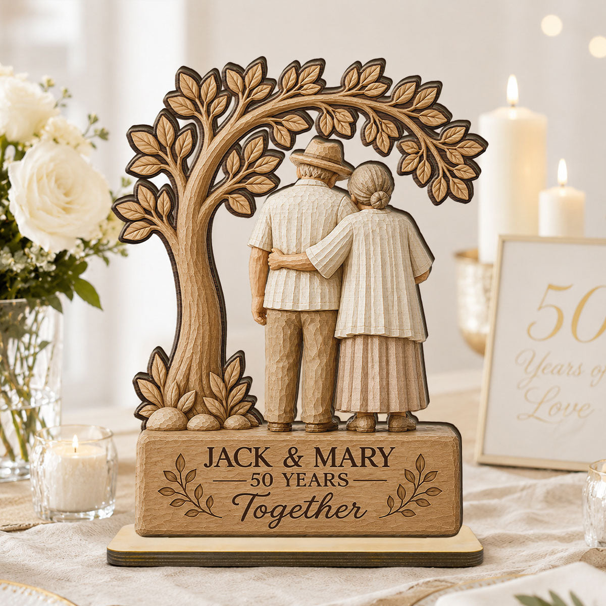 Rustic Old Couple Walking Anniversary Gift - Personalized 2-Layered Wooden Plaque - Wedding Year Decor