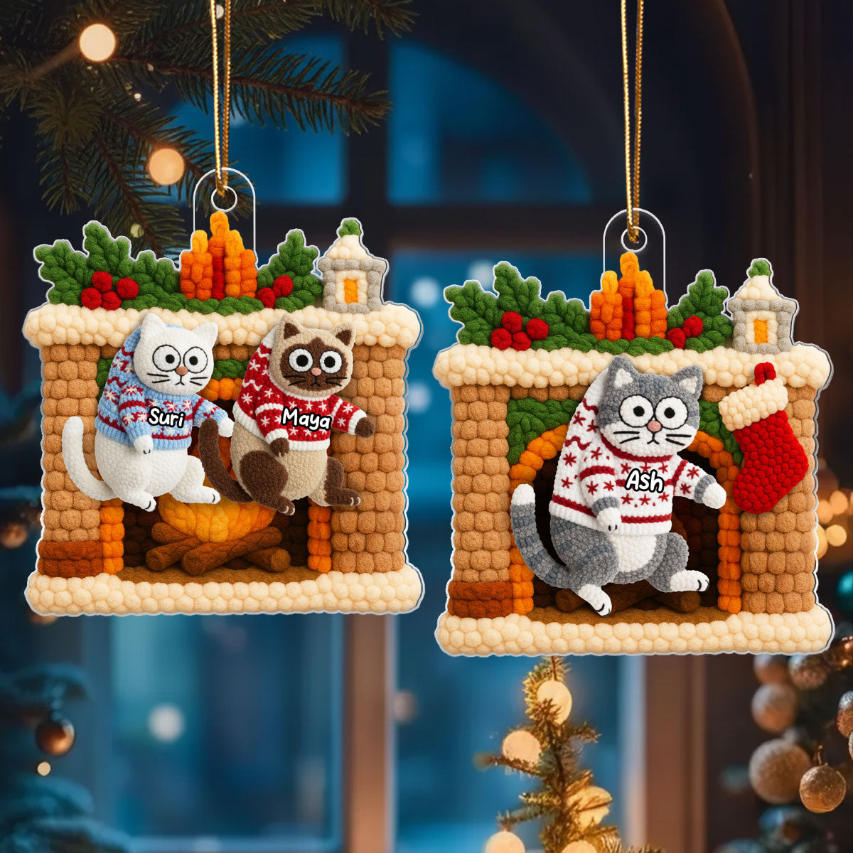 Cat Hanging on Christmas Mantel Fireplace Latch Hook Yarn Faux - Personalized Acrylic Ornament - Christmas Gift for Cat Lovers