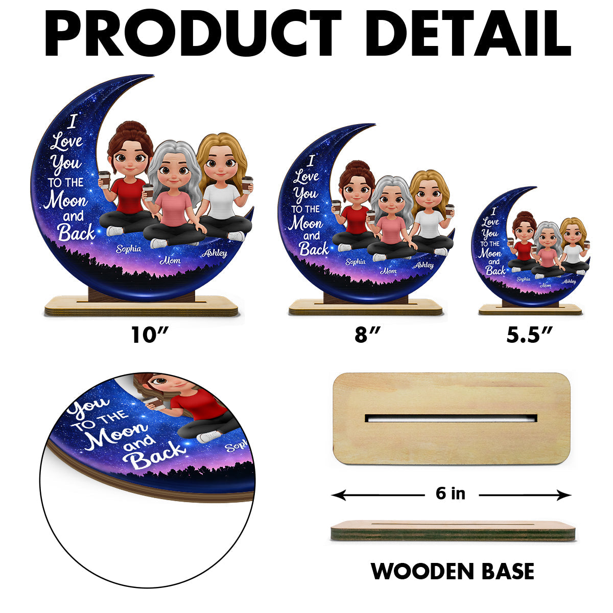 Mom And Daughters Love You To The Moon And Back - Personalized 2-Layered Wooden Plaque - Heartfelt Gift For Mom, Grandma
