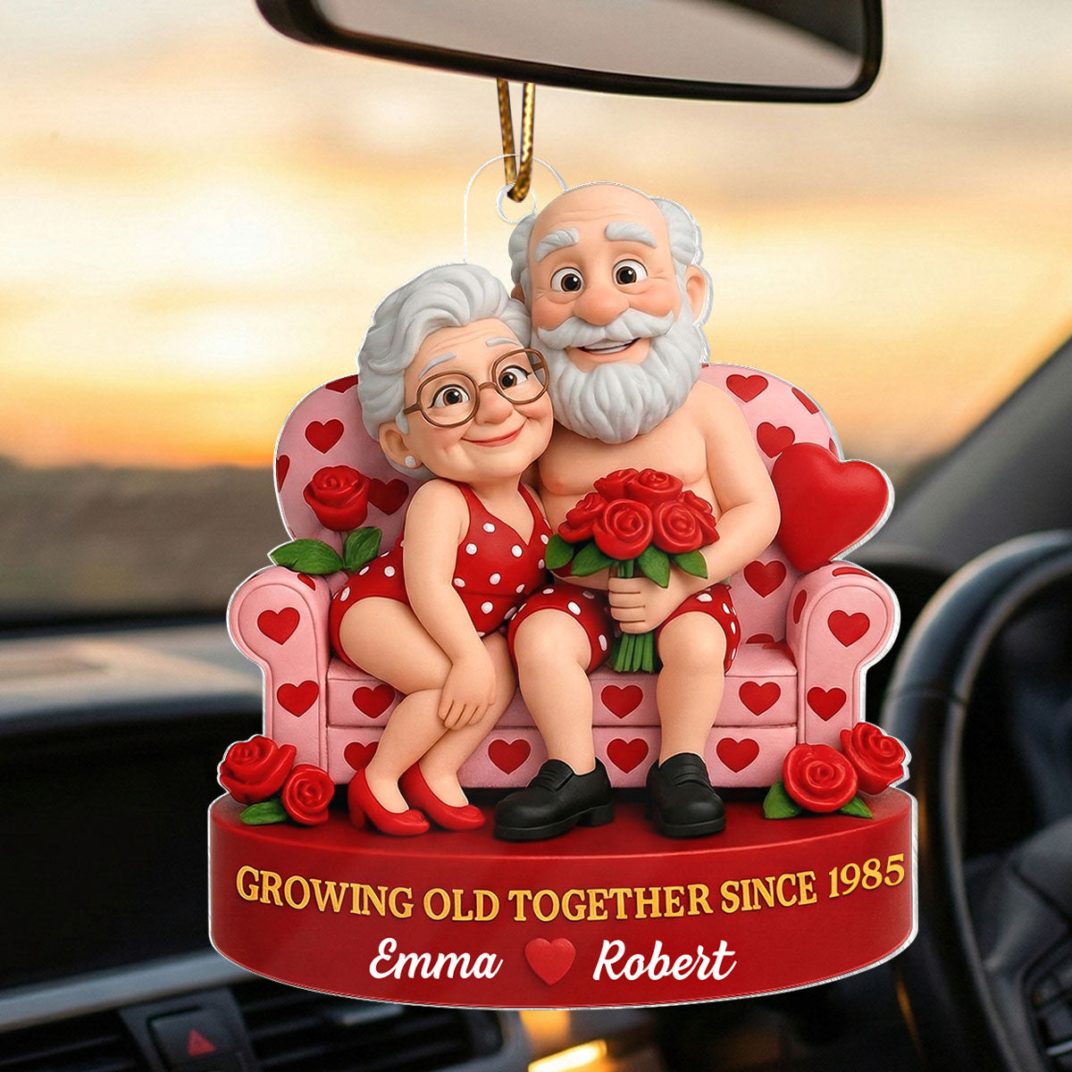 Funny Old Couple Growing Old Together - Personalized Acrylic Car Hanger - Valentine's Day Gift for him, for her