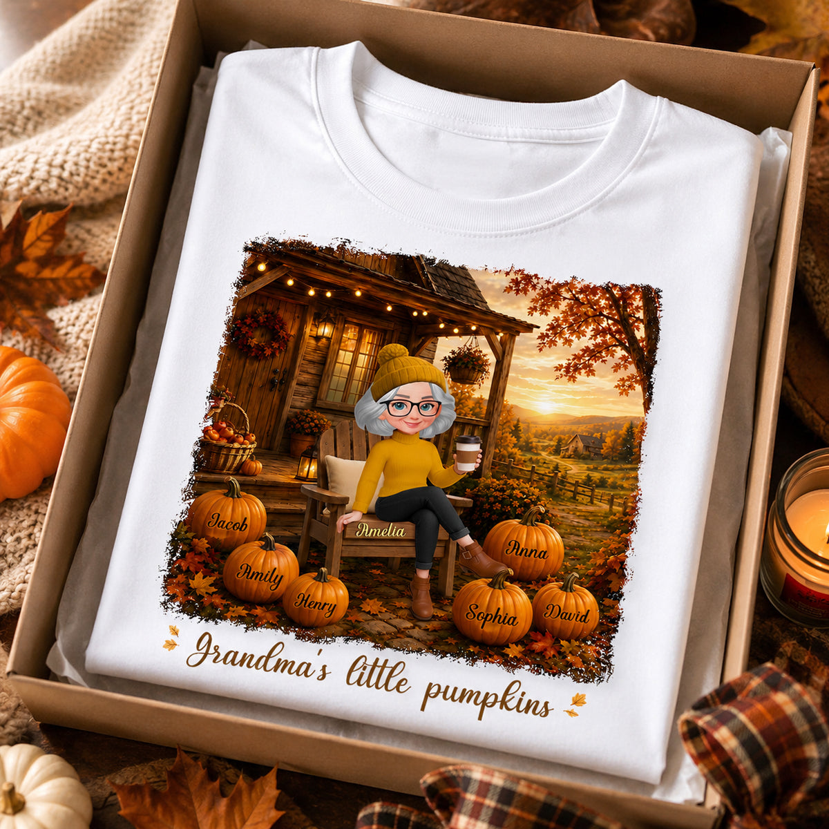 Grandma Sitting On Porch Grandkids - Personalized Shirt - Fall Season Gift, Gift For Grandma