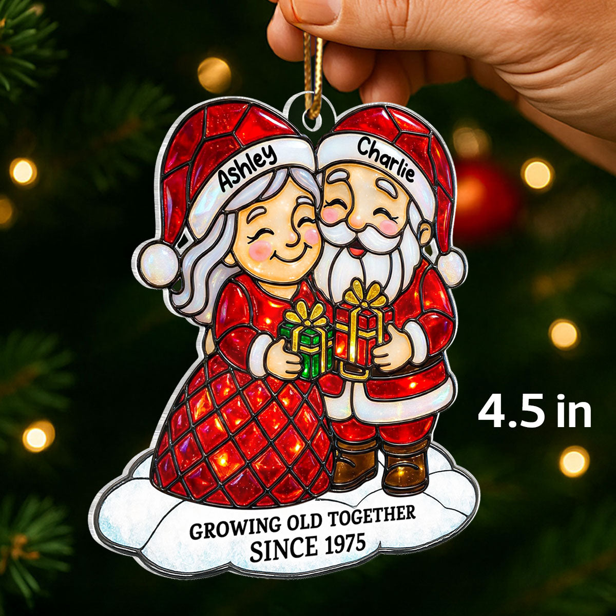 Couple Growing Old Together Stained Glass Pattern - Personalized Acrylic Ornament - Heartwarming Christmas Gift For Him, For Her, For Couple