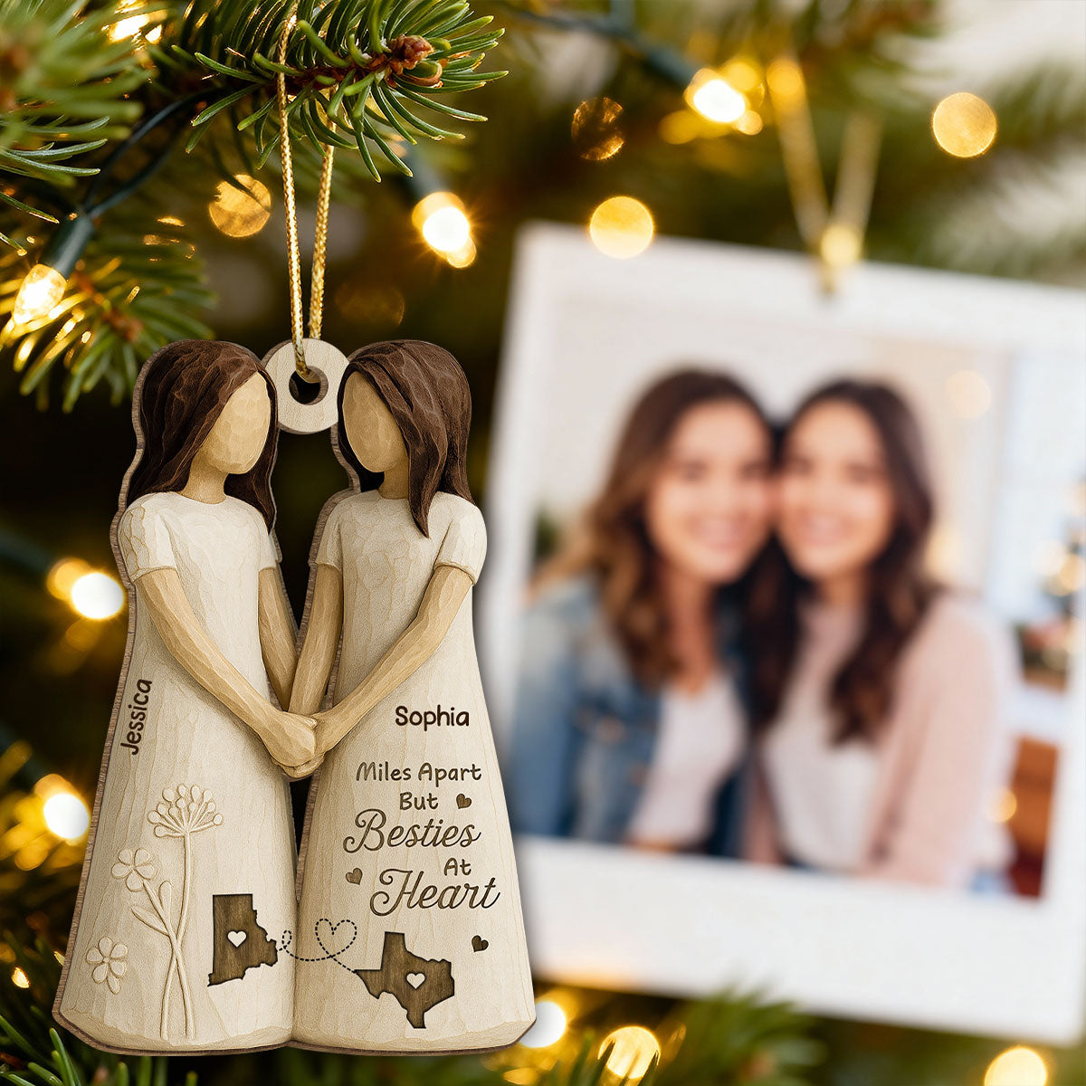 Miles Apart Besties At Heart 3D Effect - Personalized Wooden Ornament - Christmas Gift, Birthday Gift, Long Distance Friendship Gift for Best Friends