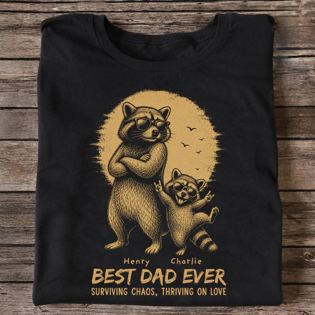 Retro Yellow Vintage Raccoon Dad Best Dad Ever - Personalized Shirt - Funny Father's Day Gift For Dad, Husband