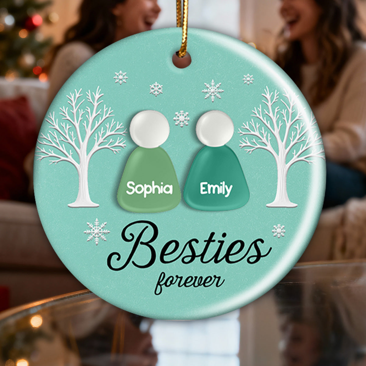 3D Teal Sea Glass Effect Christmas Besties Forever - Personalized Ceramic Ornament With Acrylic Pieces