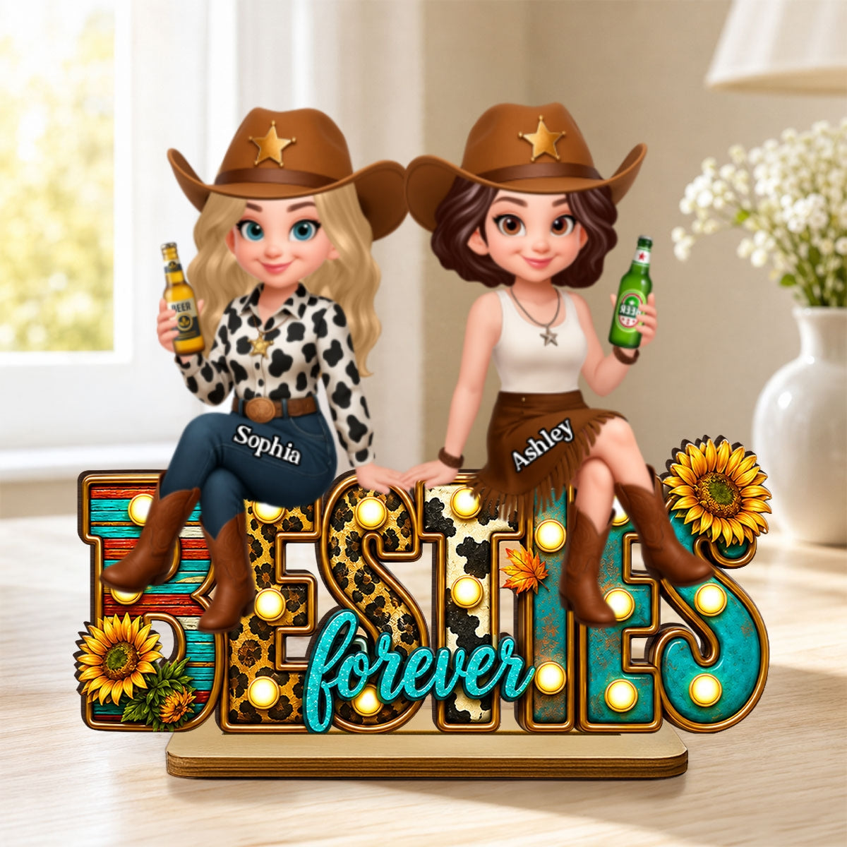 Western Besties Leopard Checkered - Personalized 2-Layered Wooden Plaque - Gift for Best Friends