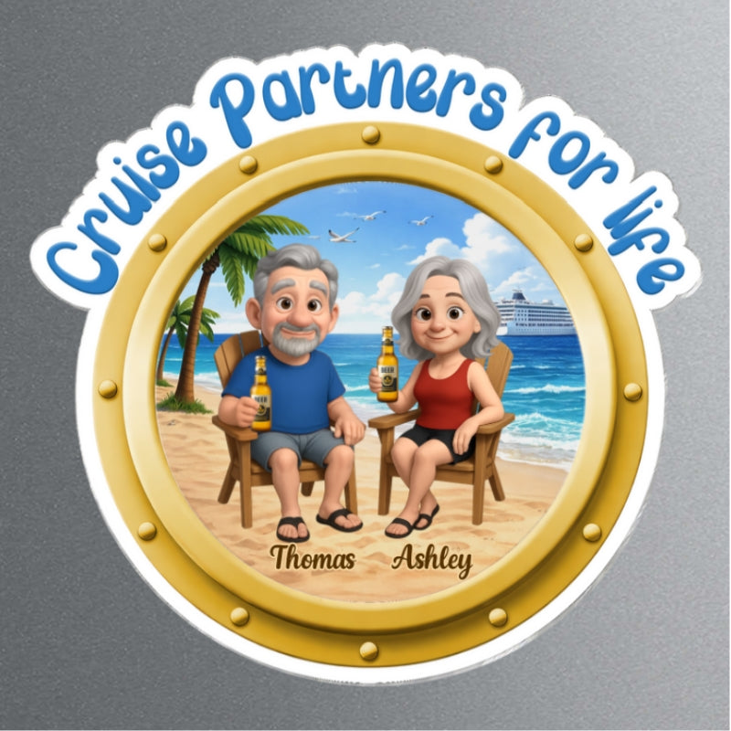 Cruise Partners For Life Porthole Cartoon Couple Sitting On The Beach - Personalized Cruise Ship Door Magnet