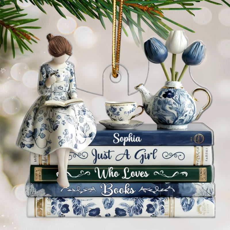 3D Effect Timeless Vintage Toile De Jouy Chinoiserie Pattern Girl Woman Reading Book - Personalized Acrylic Ornament - Gift For Book Lovers