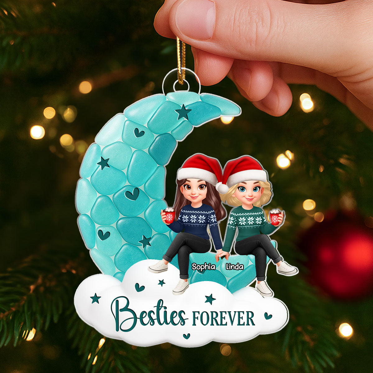 Sea Glass Effect Besties On Moon - Personalized Acrylic Ornament - Christmas Gift For Best Friends
