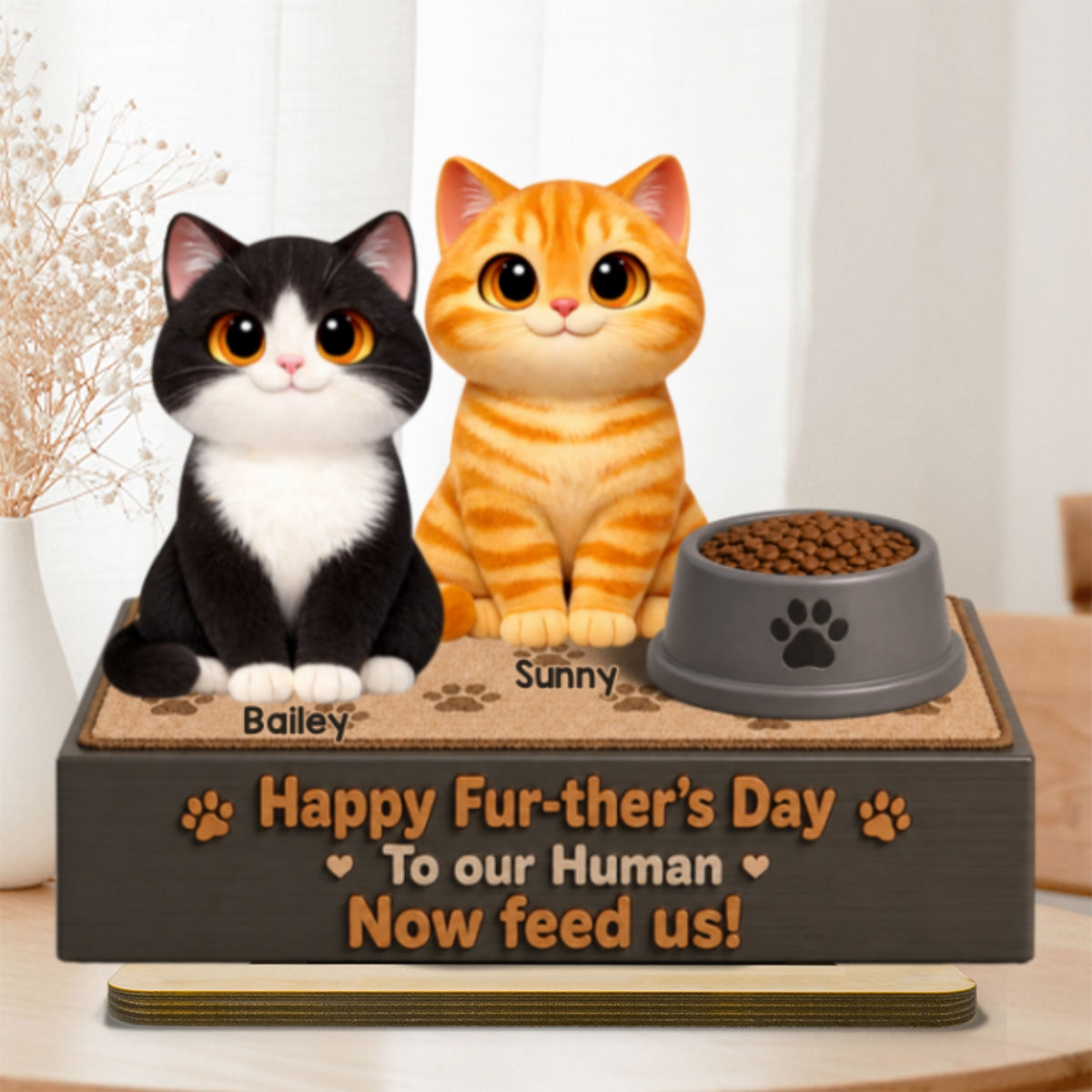 Cute Fluffy Cats Happy Fur-ther's Day Human - Personalized 2-Layered Wooden Plaque - Funny  Gift For Cat Dad, Cat Lovers