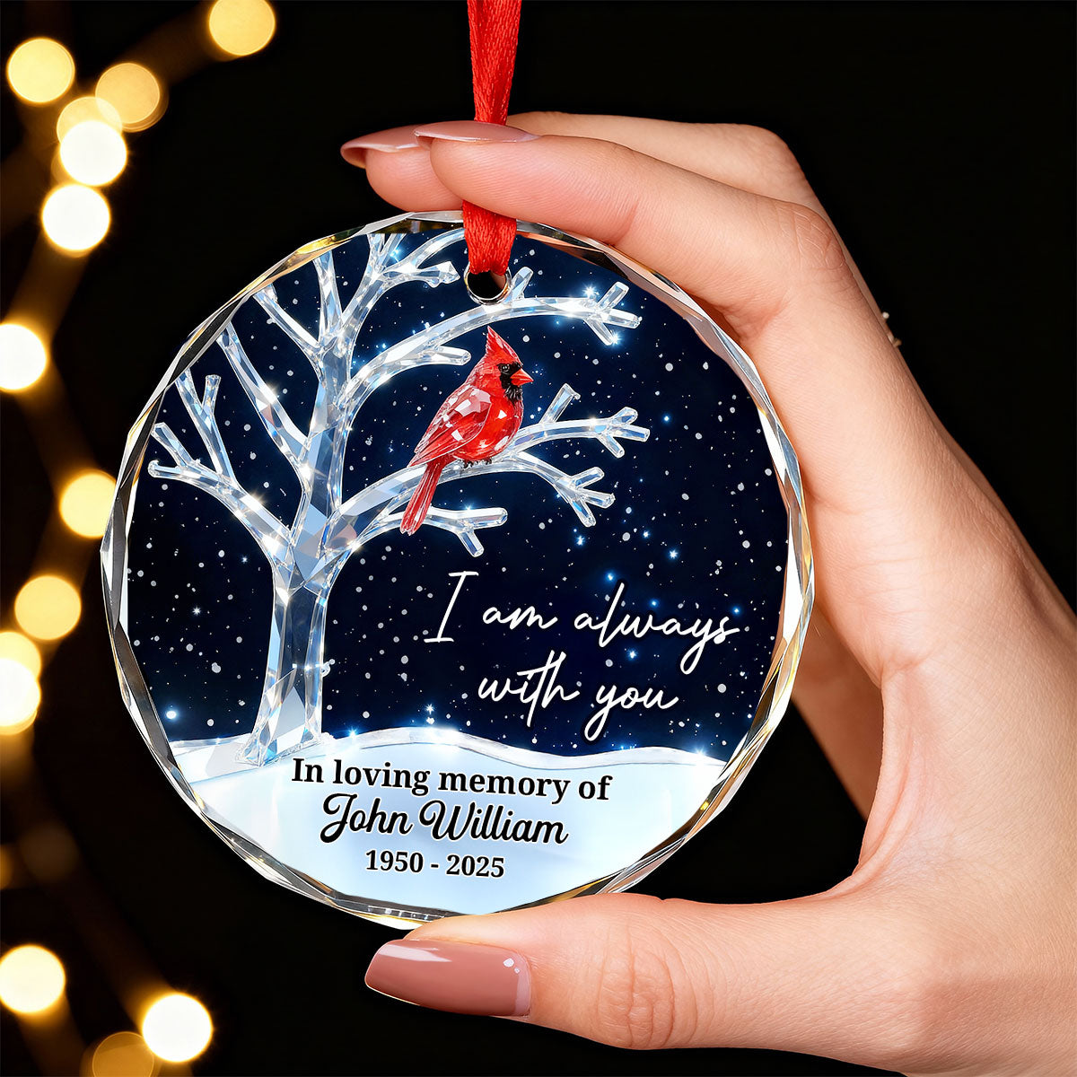 3D Crystal Effect Memorial Winter Tree Cardinals - Personalized Glass Ornament - Remembrance Gift, Sympathy Gift