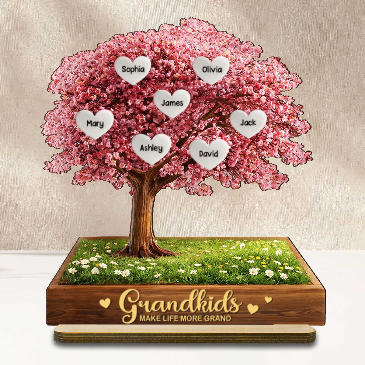 Grandkids Make Life More Grand Family Heart Tree - Personalized 2-Layered Wooden Plaque - Heartfelt Gift for Grandma