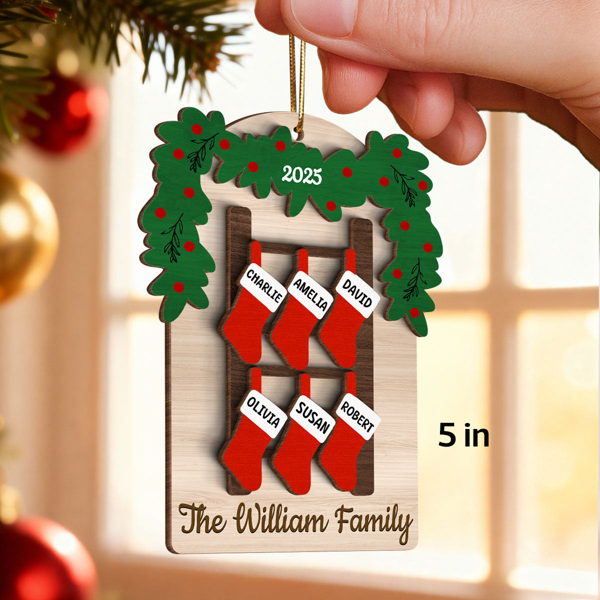 Family Names Ladder Stocking - Persnalized 3-Layered Wooden Ornament - Christmas Gift