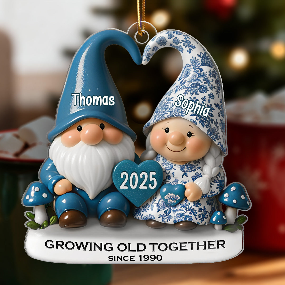 3D Effect Vintage Toile De Jouy Pattern Gnome Couple - Personalized Acrylic Ornament