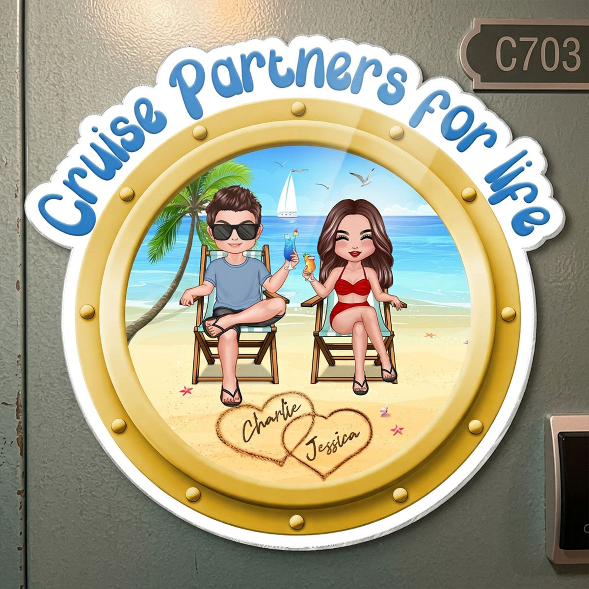 Cruise Partners For Life Porthole Doll Couple Sitting On The Beach - Personalized Cruise Ship Door Magnet
