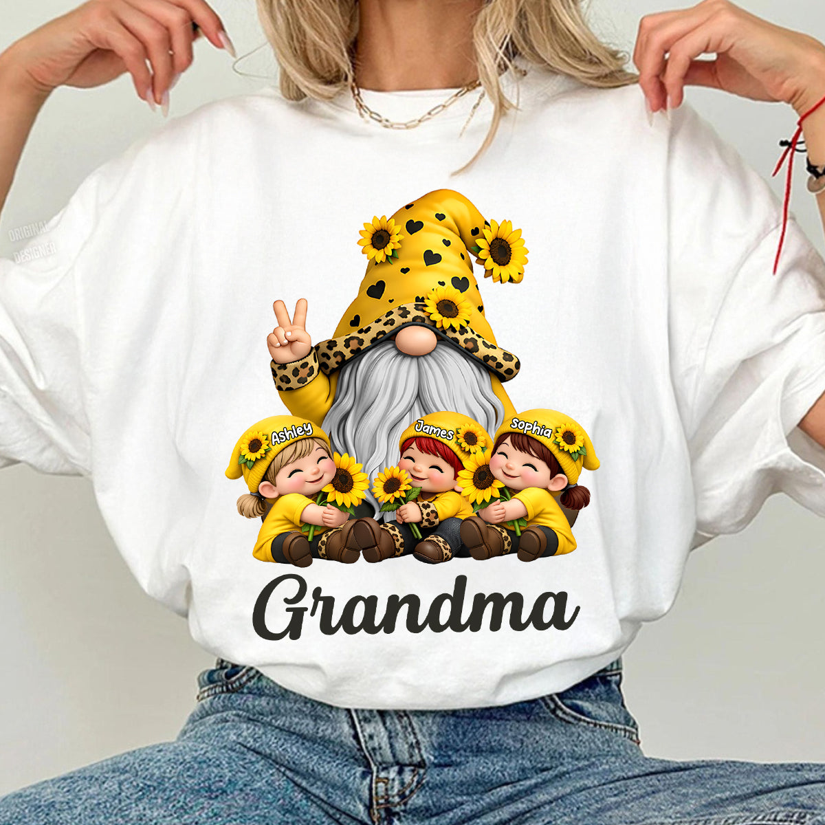 Gnome Grandma & Grandkids Sunflower - Personalized Shirt - Sentimental Gift for Grandma
