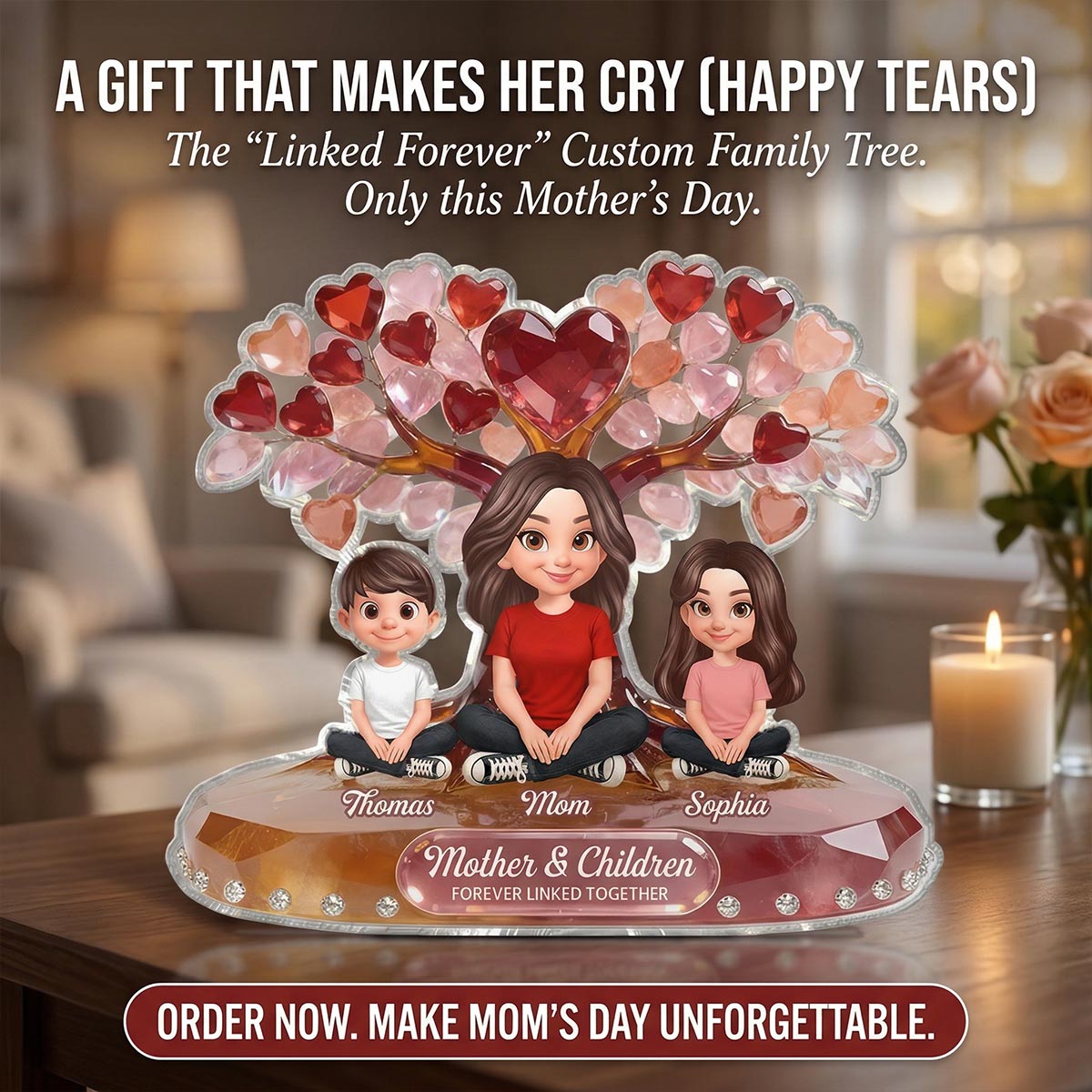 Mom And Son Daughter Under Heart Tree Forever Linked Together - Personalized Acrylic Block Plaque - Gift For Mom