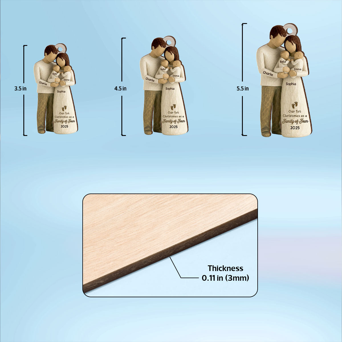 3D Effect First Christmas As Family Of Four Mom Dad & Twin Babies - Personalized Wooden Ornament