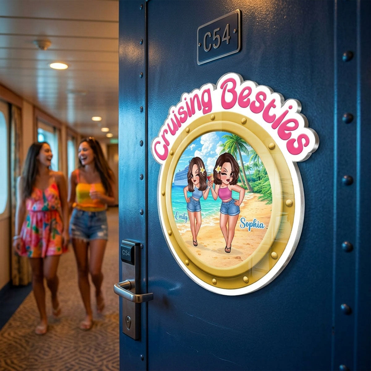 Cruise Besties Pretty Women On Beach Porthole - Personalized Cruise Ship Door Magnet - Girls Cruise Trip Keepsake