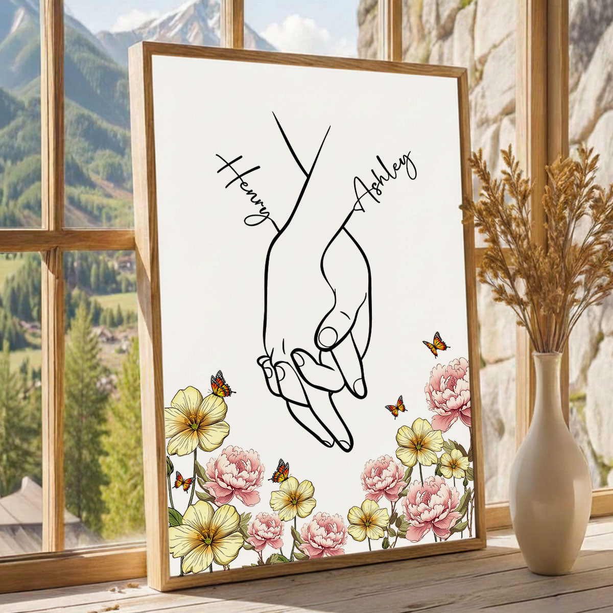 I Love You Couple Hand Print Birth Flower - Personalized Poster - Sentimental Gift for him, for her