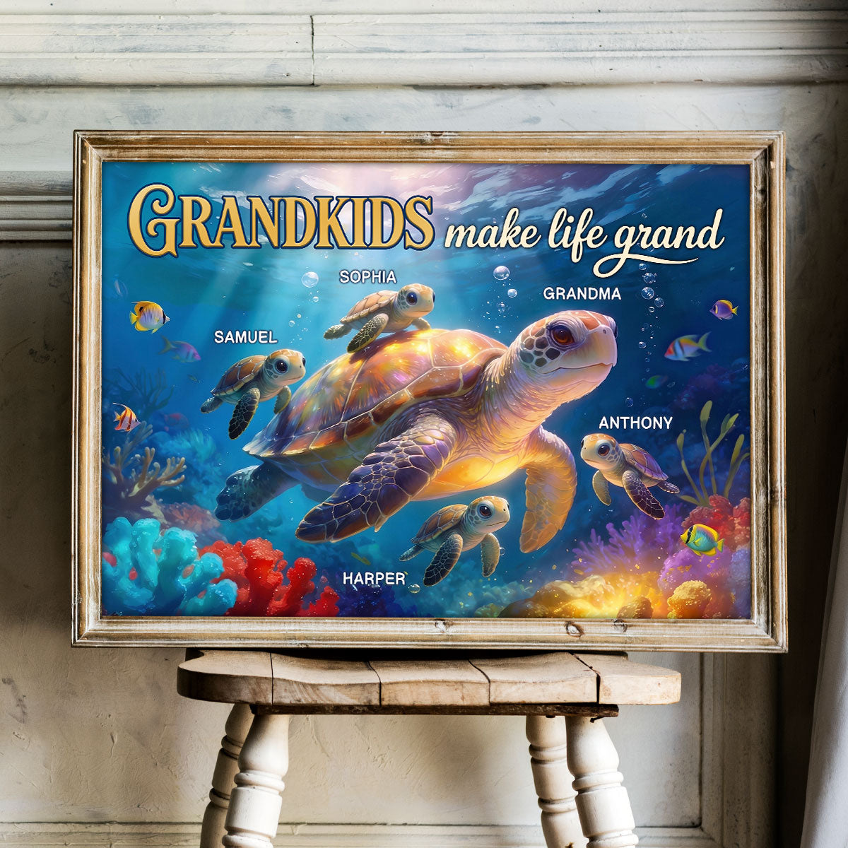 Grandma Grandkids Turtle Grandkids Make Life Grand - Personalized Poster - Mother's Day Gift For Grandma