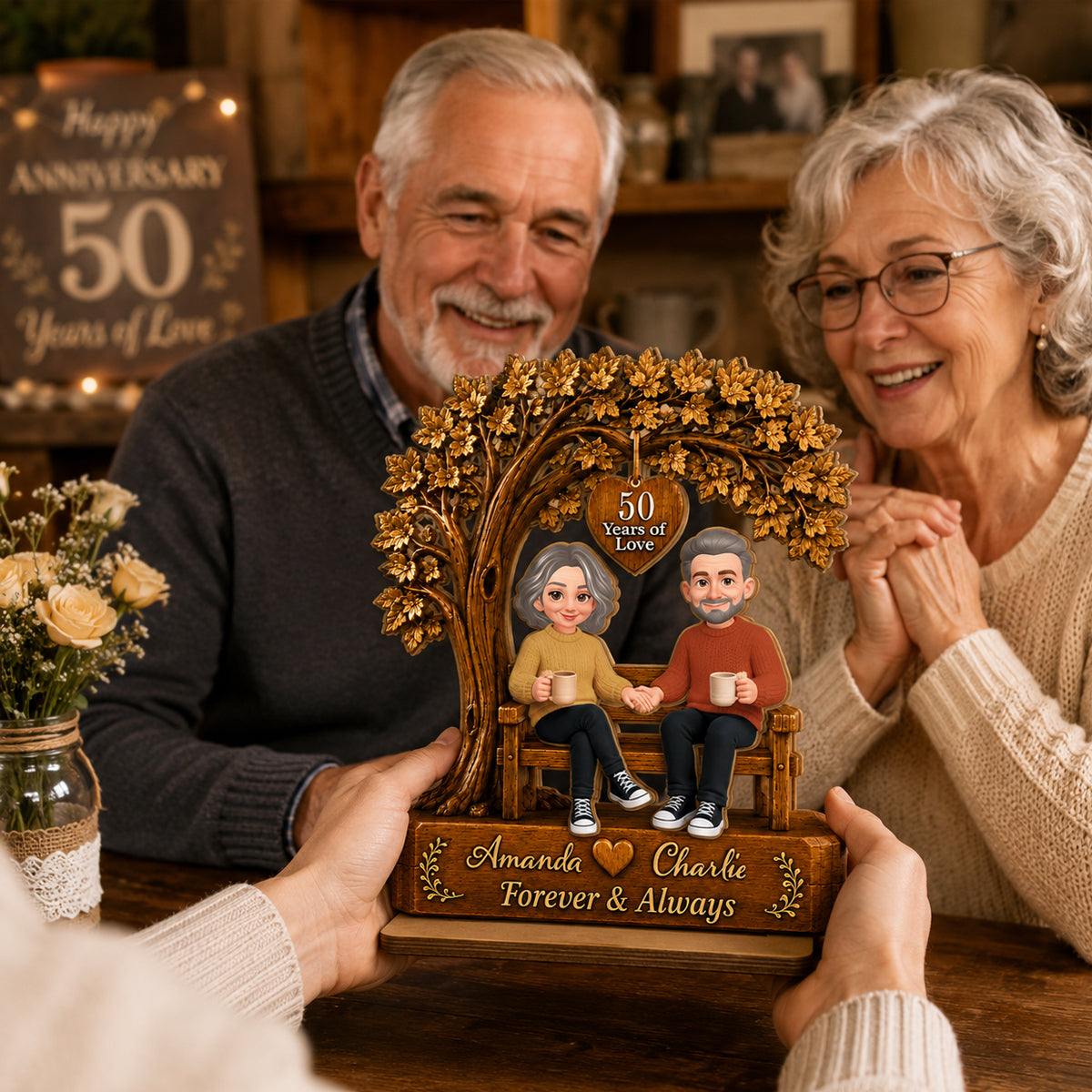 Couple Sitting Under Tree - Personalized 2-Layered Wooden Plaque - Golden Couple Keepsake, Anniversary Gift for Her, for Him
