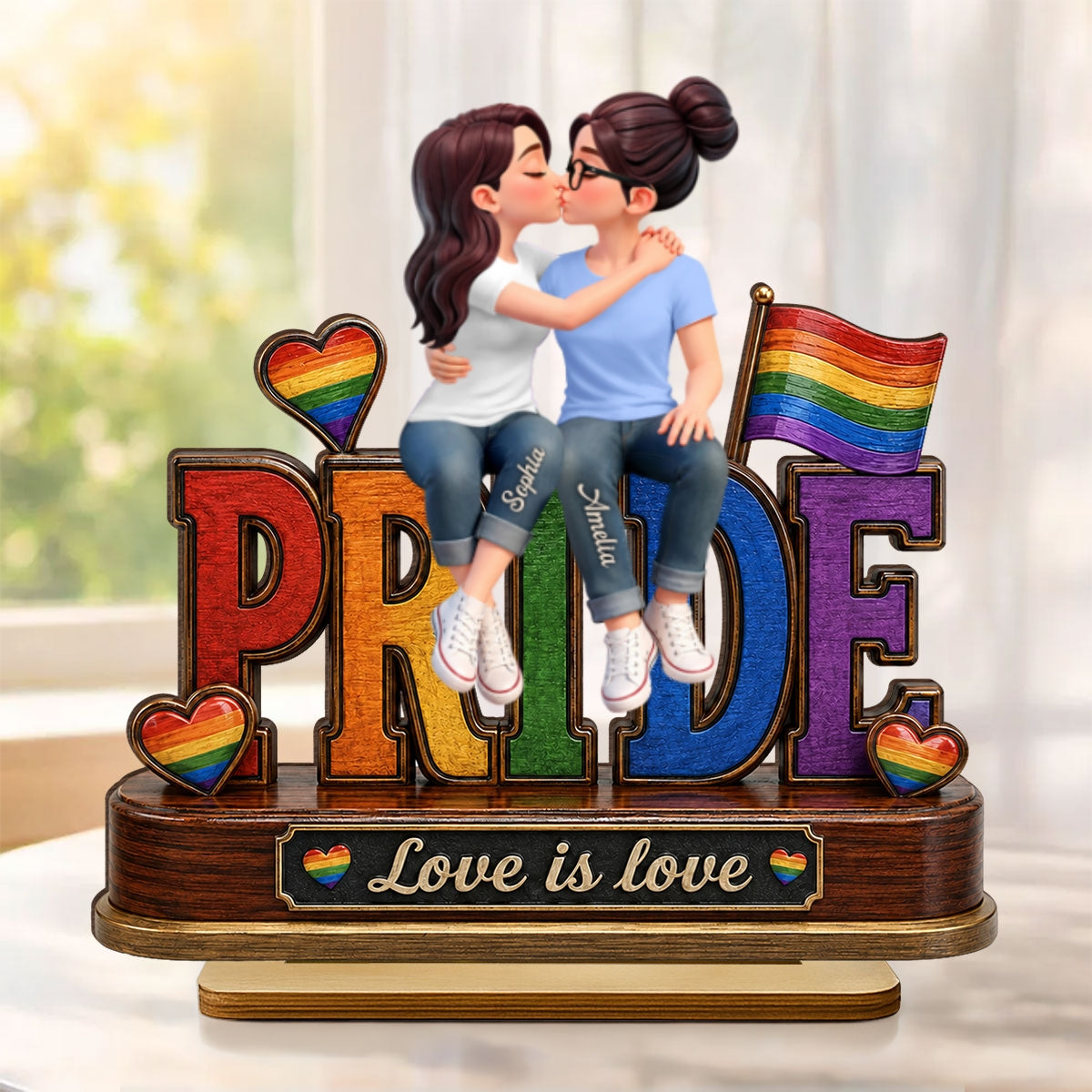 LGBT Couple Pride Love is Love - Personalized 2-Layered Wooden Plaque - Heartfelt Gift for Her, Gift for Him