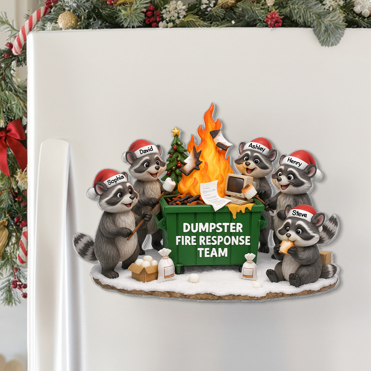 Funny Raccoon Dumpster on Fire Response Team - Personalized Acrylic Fridge Magnet - Funny Holiday Gift for Coworkers