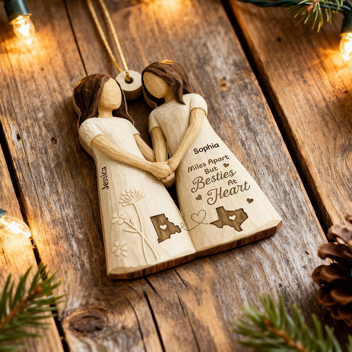 Miles Apart Besties At Heart 3D Effect - Personalized Wooden Ornament - Christmas Gift, Birthday Gift, Long Distance Friendship Gift for Best Friends